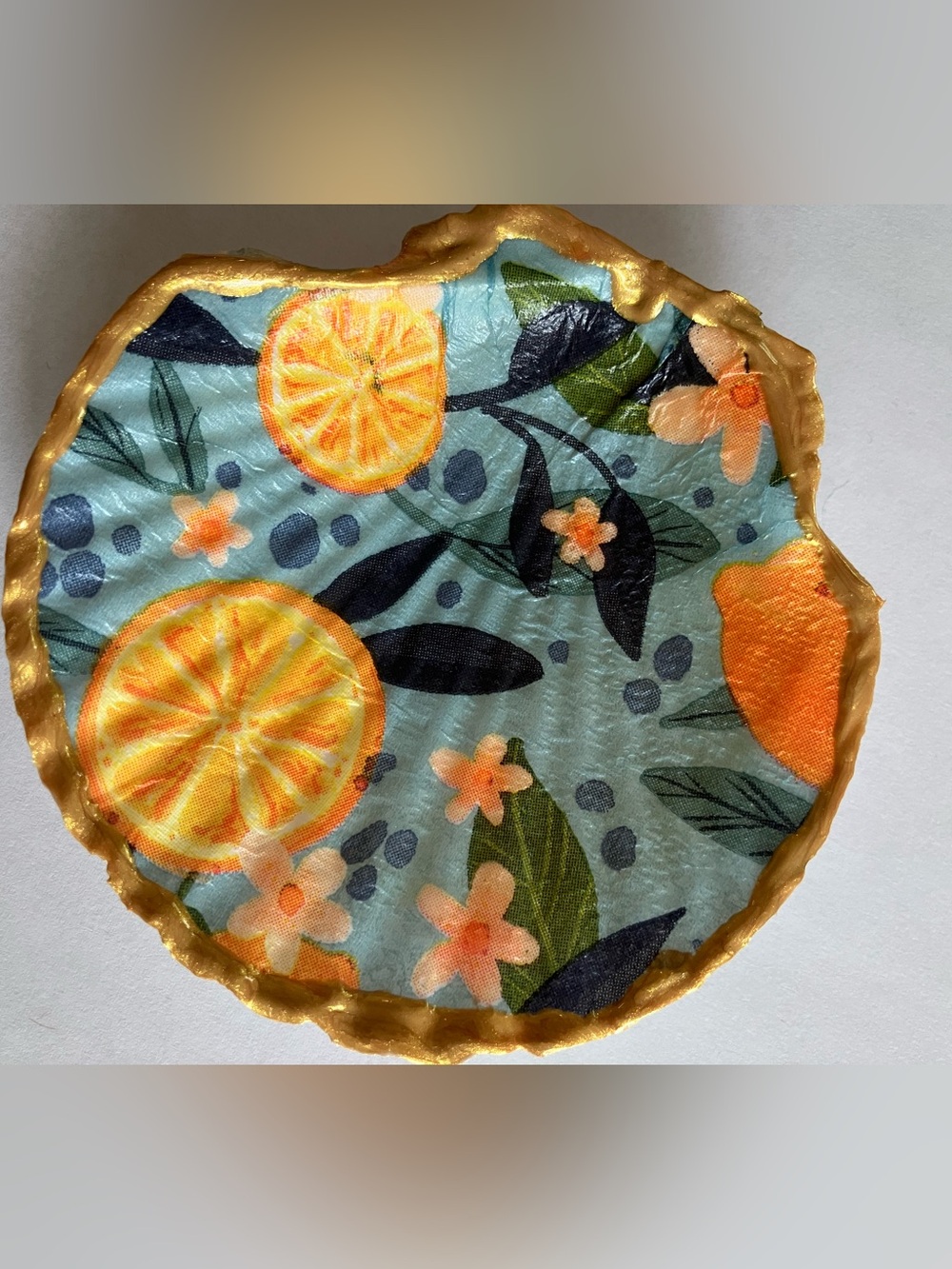 Handcrafted Citrus Orange Seashell Dish Decoupage 4-5inch Gold Metallic